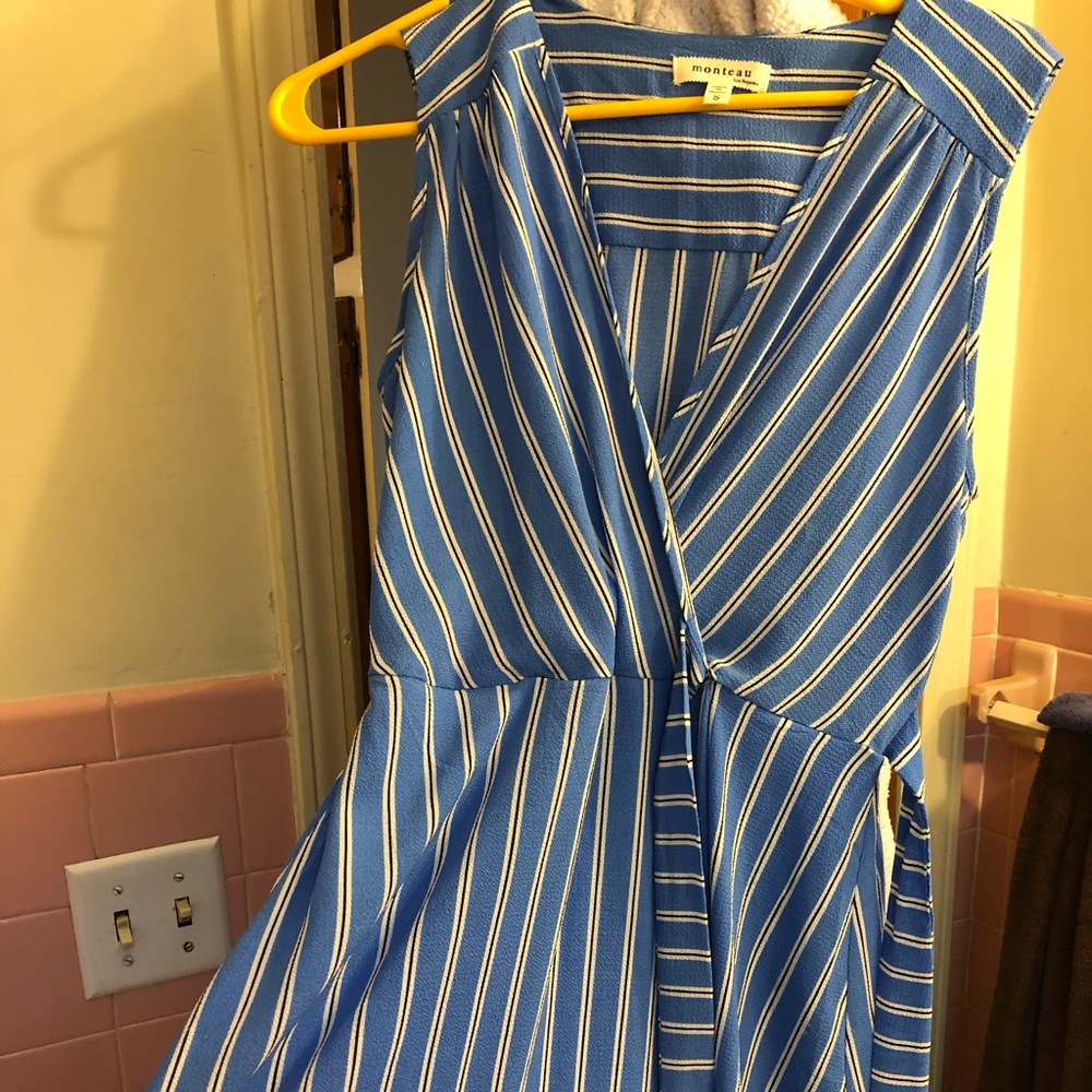 Wrap front blue striped Monteau dress